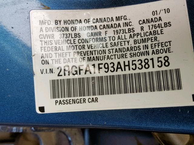 2HGFA1F93AH538158 - 2010 HONDA CIVIC EXL BLUE photo 10