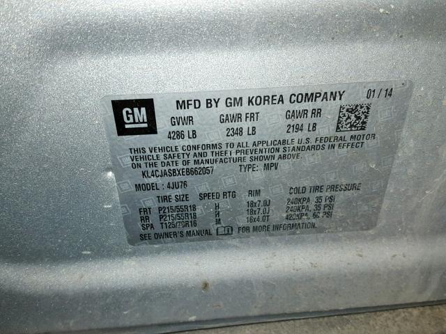 KL4CJASBXEB662057 - 2014 BUICK ENCORE SILVER photo 10