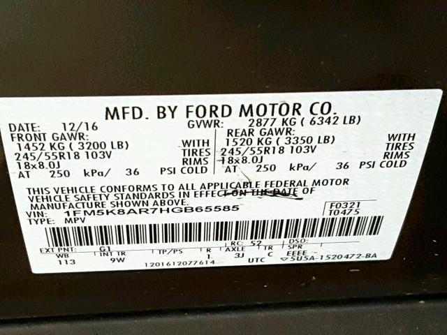 1FM5K8AR7HGB65585 - 2017 FORD EXPLORER P BLACK photo 10