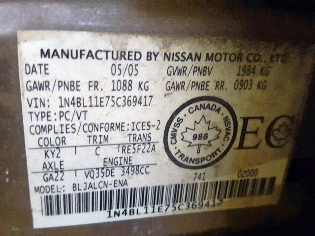 1N4BL11E75C369417 - 2005 NISSAN ALTIMA SE GOLD photo 10