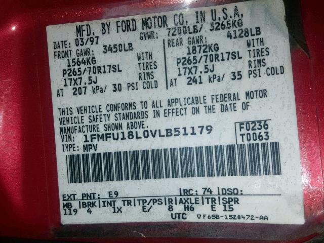 1FMFU18L0VLB51179 - 1997 FORD EXPEDITION RED photo 10