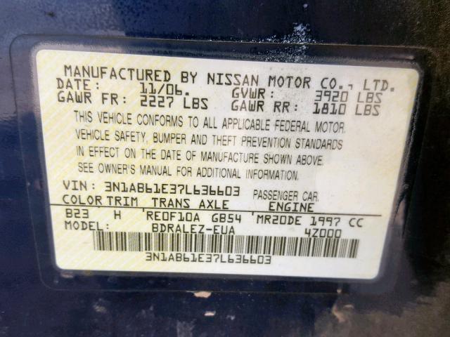 3N1AB61E37L636603 - 2007 NISSAN SENTRA 2.0 BLUE photo 10