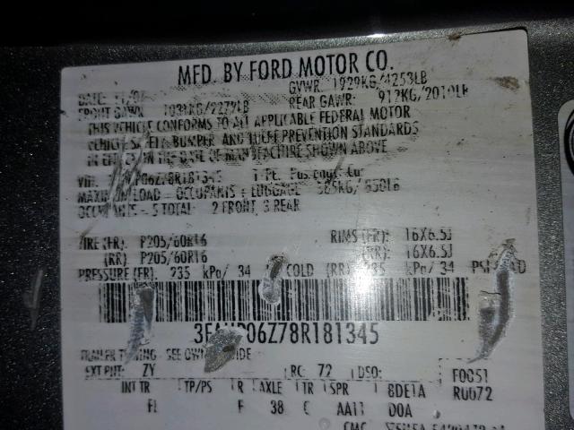 3FAHP06Z78R181345 - 2008 FORD FUSION S SILVER photo 10