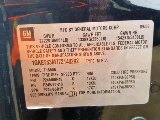 1GKET63M772148292 - 2007 GMC ENVOY DENA BLACK photo 10