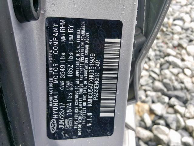 KMHCU5AEXHU351989 - 2017 HYUNDAI ACCENT SPO SILVER photo 10