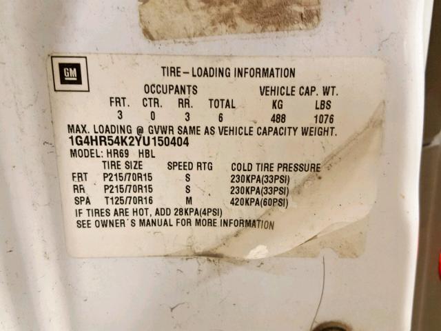 1G4HR54K2YU150404 - 2000 BUICK LESABRE LI WHITE photo 10