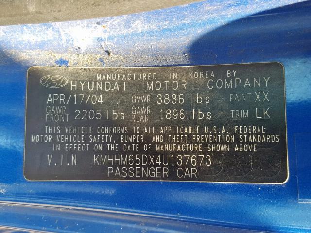 KMHHM65DX4U137673 - 2004 HYUNDAI TIBURON BLUE photo 10