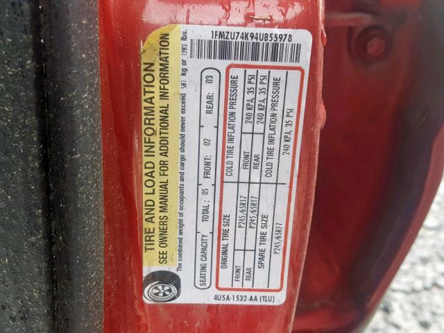 1FMZU74K94UB55978 - 2004 FORD EXPLORER E RED photo 10