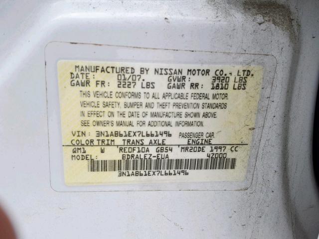 3N1AB61EX7L661496 - 2007 NISSAN SENTRA 2.0 WHITE photo 10