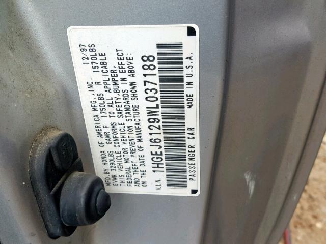 1HGEJ6129WL037188 - 1998 HONDA CIVIC DX GRAY photo 10