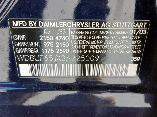 WDBUF65JX3A225009 - 2003 MERCEDES-BENZ E 320 BLUE photo 10