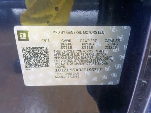 1G1ZE5SX3JF196717 - 2018 CHEVROLET MALIBU PRE BLUE photo 10