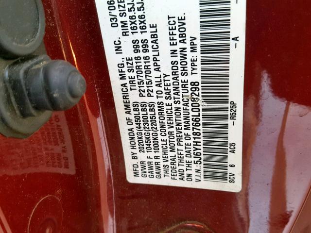 5J6YH18766L008298 - 2006 HONDA ELEMENT EX RED photo 10