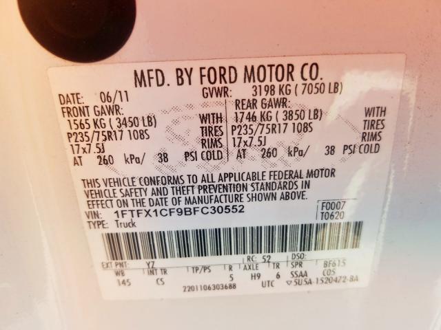 1FTFX1CF9BFC30552 - 2011 FORD F150 SUPER CAB  photo 10