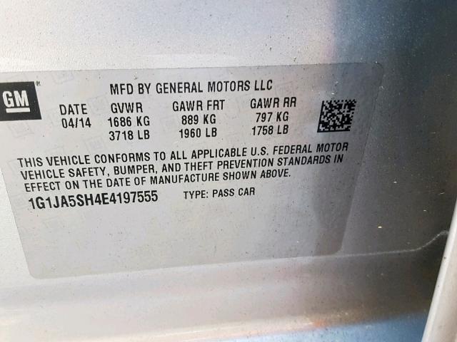 1G1JA5SH4E4197555 - 2014 CHEVROLET SONIC LS 银色 照片 10