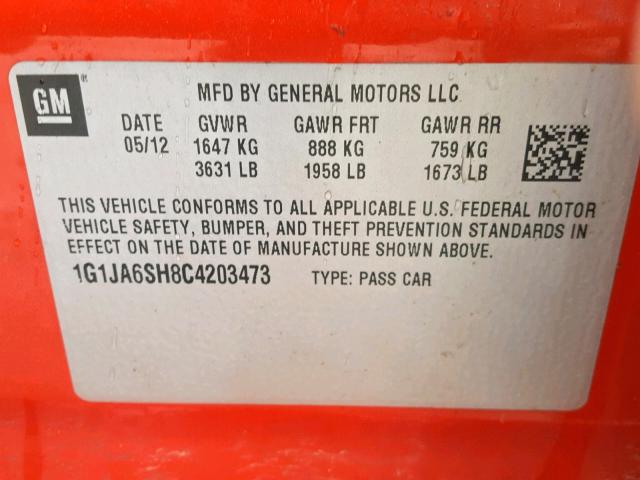 1G1JA6SH8C4203473 - 2012 CHEVROLET SONIC LS ნარინჯისფერი ფოტო 10