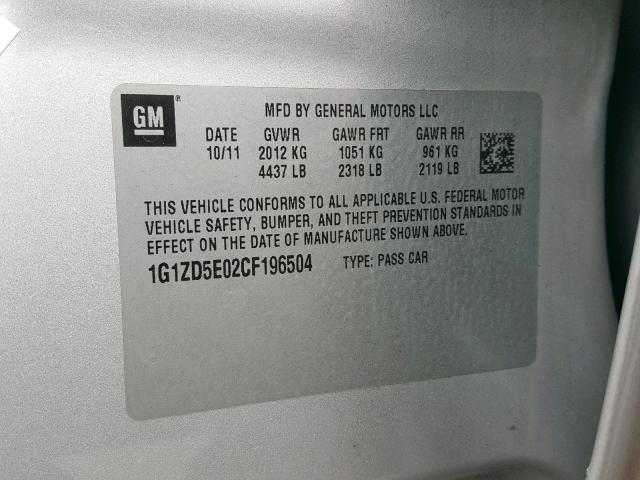 1G1ZD5E02CF196504 - 2012 CHEVROLET MALIBU 2LT SILVER photo 10