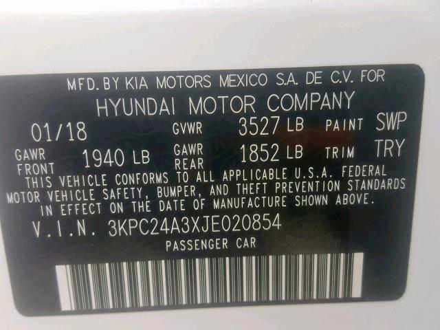 3KPC24A3XJE020854 - 2018 HYUNDAI ACCENT SE WHITE photo 10