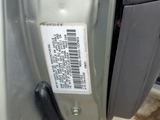 4T1BG22K51U819364 - 2001 TOYOTA CAMRY CE SILVER photo 10