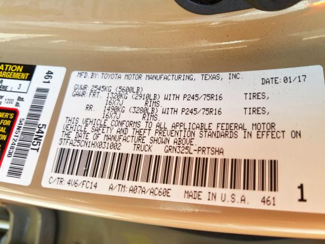 5TFAZ5CN1HX031002 - 2017 TOYOTA TACOMA DOUBLE CAB  照片 10