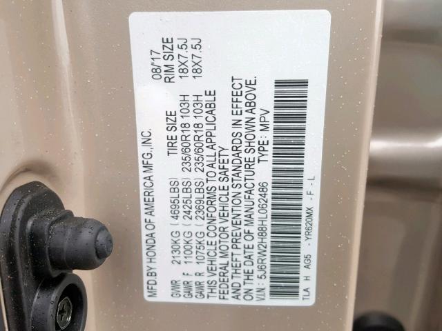 5J6RW2H88HL062486 - 2017 HONDA CR-V EXL BEIGE photo 10