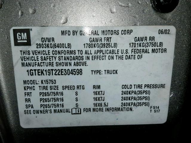 1GTEK19T22E304598 - 2002 GMC NEW SIERRA SILVER photo 10