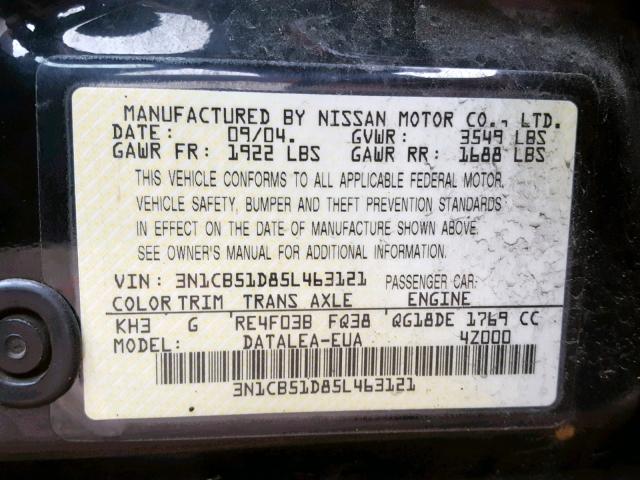 3N1CB51D85L463121 - 2005 NISSAN SENTRA 1.8 BLACK photo 10