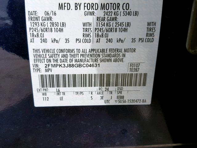 2FMPK3J88GBC04631 - 2016 FORD EDGE SEL BLUE photo 10