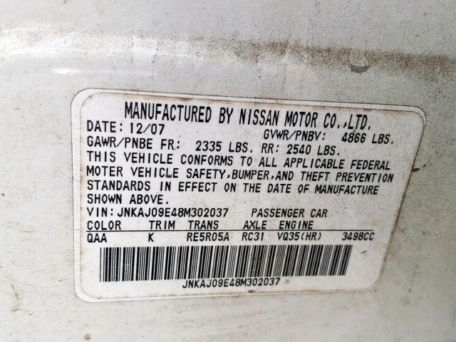 JNKAJ09E48M302037 - 2008 INFINITI EX35 BASE WHITE photo 10