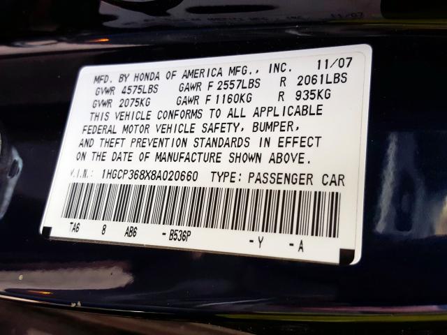 1HGCP368X8A020660 - 2008 HONDA ACCORD EXL  photo 10