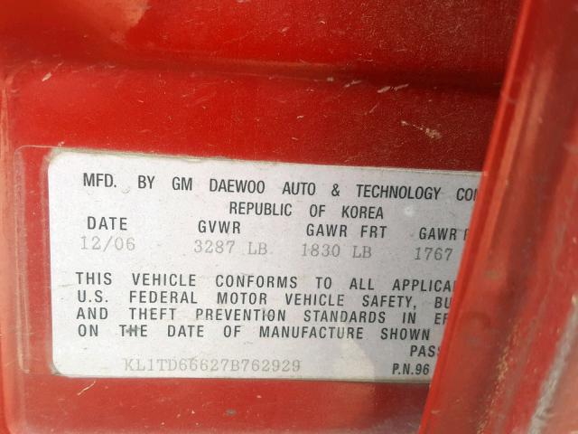 KL1TD66627B762929 - 2007 CHEVROLET AVEO BASE Марун фото 10