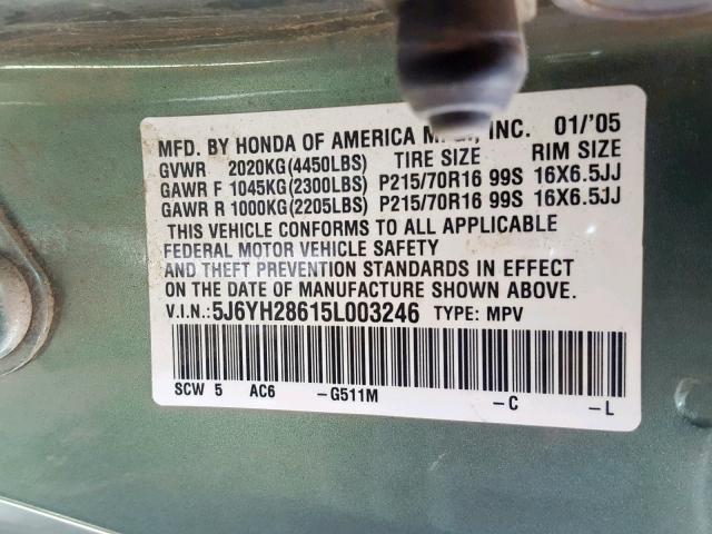 5J6YH28615L003246 - 2005 HONDA ELEMENT EX GREEN photo 10