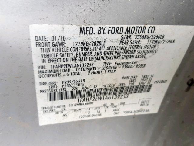 1FAHP2EW1AG139253 - 2010 FORD TAURUS SEL SILVER photo 10