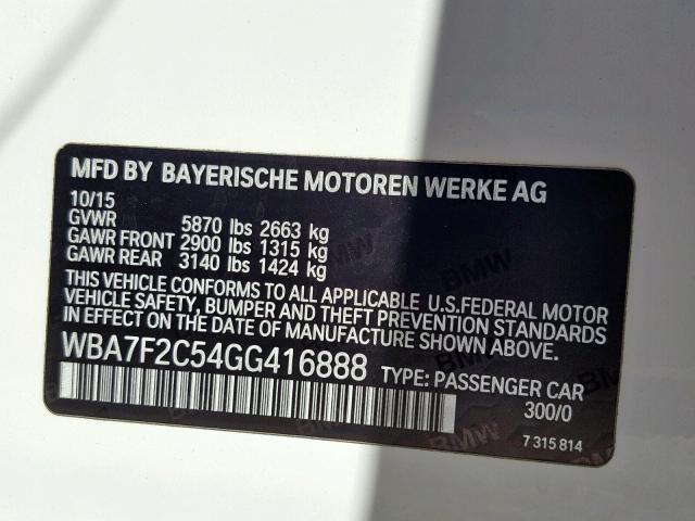 WBA7F2C54GG416888 - 2016 BMW 750 XI WHITE photo 10