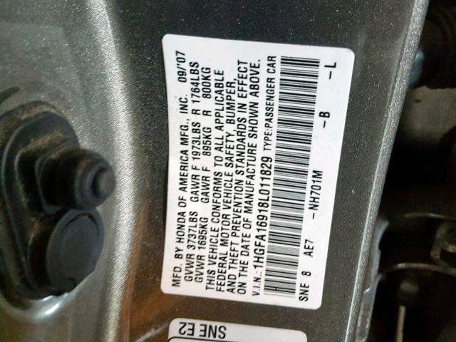 1HGFA16918L011829 - 2008 HONDA CIVIC EXL CHARCOAL photo 10