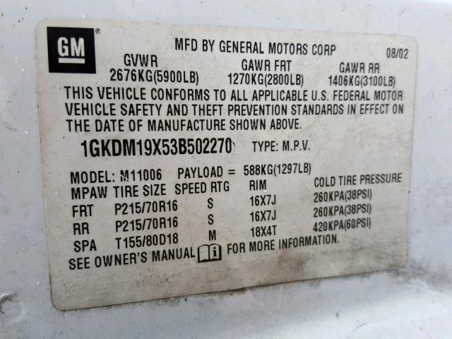 1GKDM19X53B502270 - 2003 GMC SAFARI XT WHITE photo 10