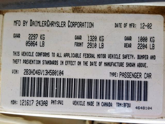 2B3HD46V13H580104 - 2003 DODGE INTREPID S 白色 照片 10