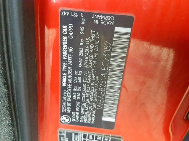 WBABB2314LEC23152 - 1990 BMW 325 IC AUT RED photo 10