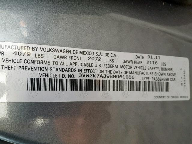 3VW2K7AJ9BM061086 - 2011 VOLKSWAGEN JETTA BASE GRAY photo 10