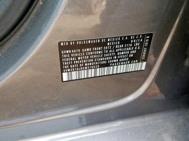 3VW2K7AJ8EM310529 - 2014 VOLKSWAGEN JETTA BASE GRAY photo 10