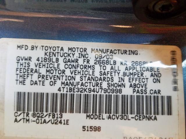 4T1BE32K94U790998 - 2004 TOYOTA CAMRY LE  photo 10