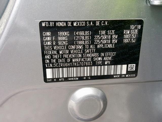 3CZRU6H17KG707603 - 2019 HONDA HR-V SPORT SILVER photo 10