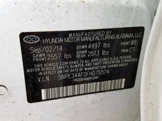 5NPE34AF0FH075574 - 2015 HYUNDAI SONATA SPO WHITE photo 10