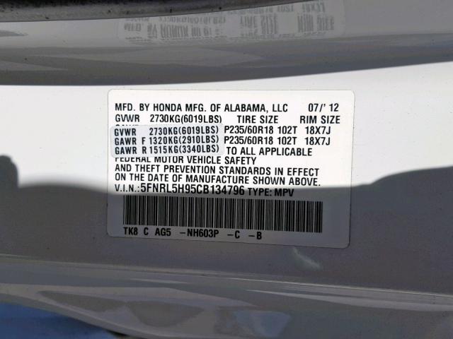 5FNRL5H95CB134796 - 2012 HONDA ODYSSEY TO WHITE photo 10