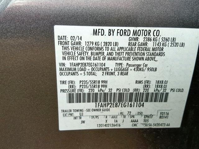 1FAHP2E87EG161104 - 2014 FORD TAURUS SEL GRAY photo 10