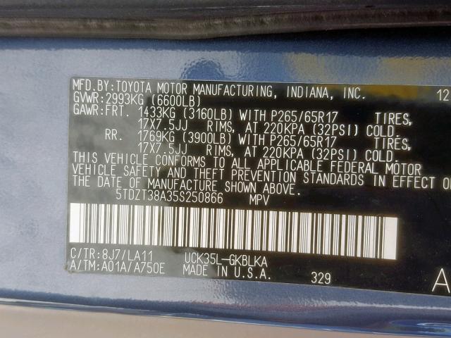 5TDZT38A35S250866 - 2005 TOYOTA SEQUOIA LI BLUE photo 10