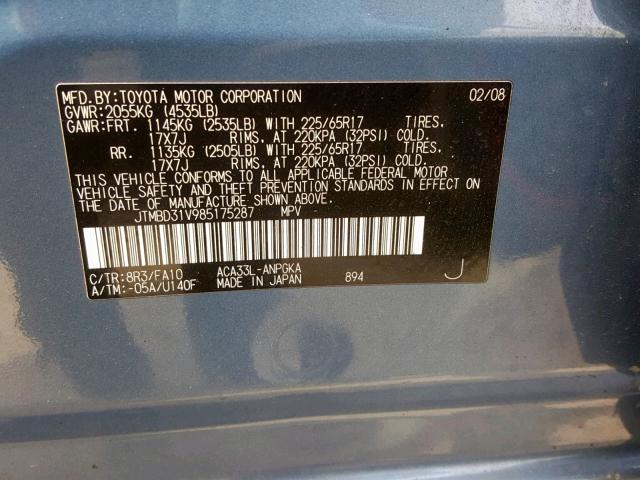 JTMBD31V985175287 - 2008 TOYOTA RAV4 LIMIT GRAY photo 10