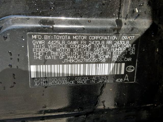 JTHBK262785055758 - 2008 LEXUS IS 250 BLACK photo 10