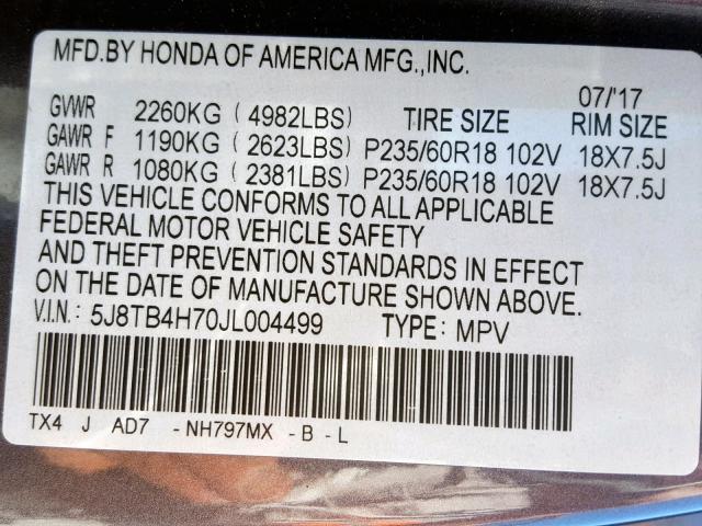 5J8TB4H70JL004499 - 2018 ACURA RDX ADVANC GRAY photo 10