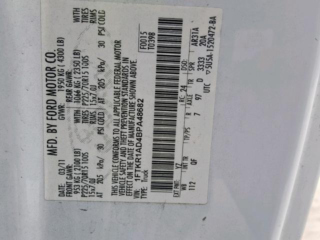 1FTKR1AD4BPA48682 - 2011 FORD RANGER WHITE photo 10